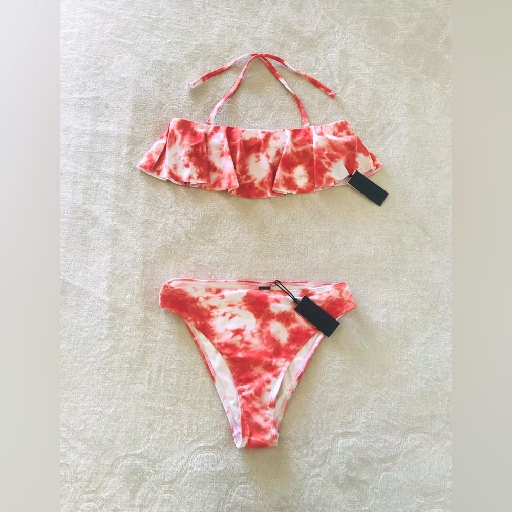 Kendall & Kylie Red Tie Dye Flounce Top And Bottom Bikini Set Size S